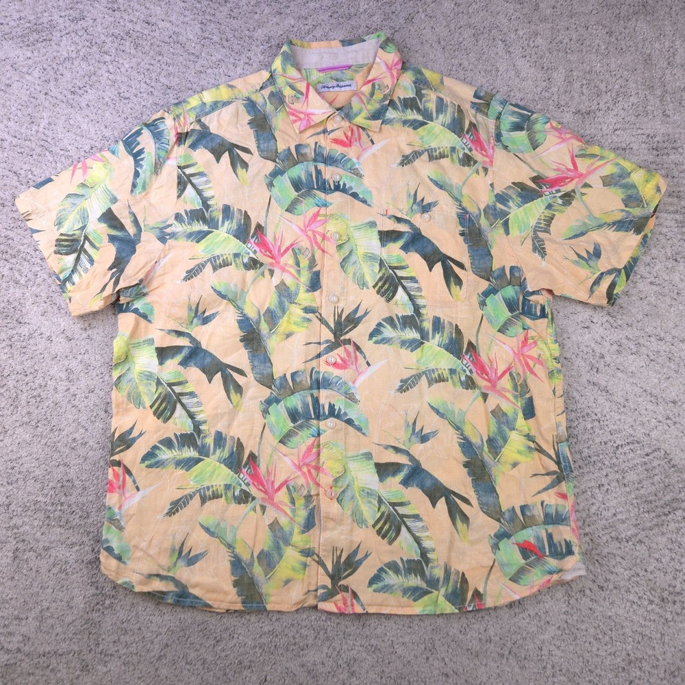Tommy Bahama Shirt Men XL Linen Hawaiian Floral Yellow Short Sleeve Camp GUC